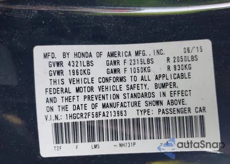 2015 Honda Accord Sport z USA, uszkodzony, nr VIN 1HGCR2F58FA213963